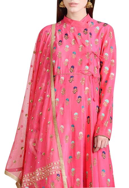 Sahil Kochhar_Pink Dupion Silk Embroidered Thread Work Anarkali Set _Online_at_Aza_Fashions