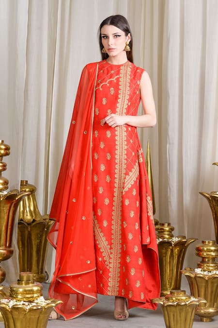Sahil Kochhar Orange Chanderi Embroidered Floral Jewel Neck Kurta Set  