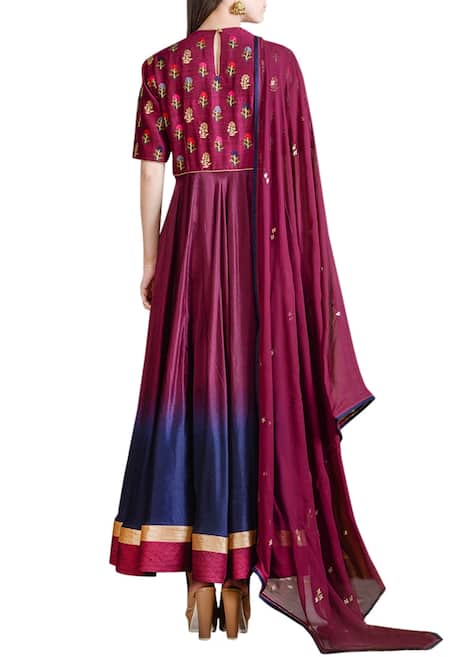Shop_Sahil Kochhar_Blue Chanderi Anarkali Set  _at_Aza_Fashions