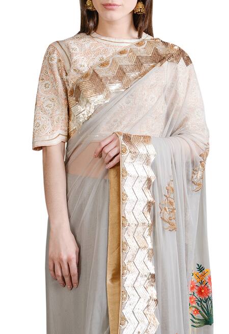 Sahil Kochhar_Grey Net Embroidered Floral Crew Neck Saree With Blouse _Online_at_Aza_Fashions