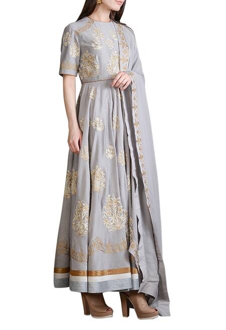 Sahil Kochhar_Grey Chanderi Embroidered Floral Round Neck Anarkali Set _Online_at_Aza_Fashions