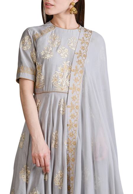 Shop_Sahil Kochhar_Grey Chanderi Embroidered Floral Round Neck Anarkali Set _Online_at_Aza_Fashions