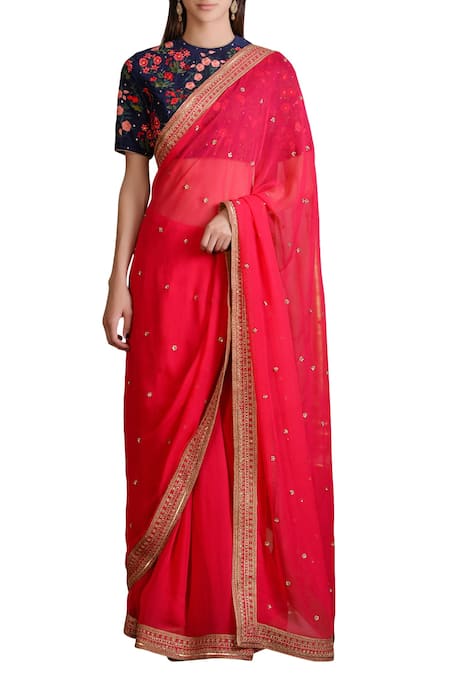 Sahil Kochhar Pink Chanderi Embroidered Floral Crew Neck Saree With Blouse For Women