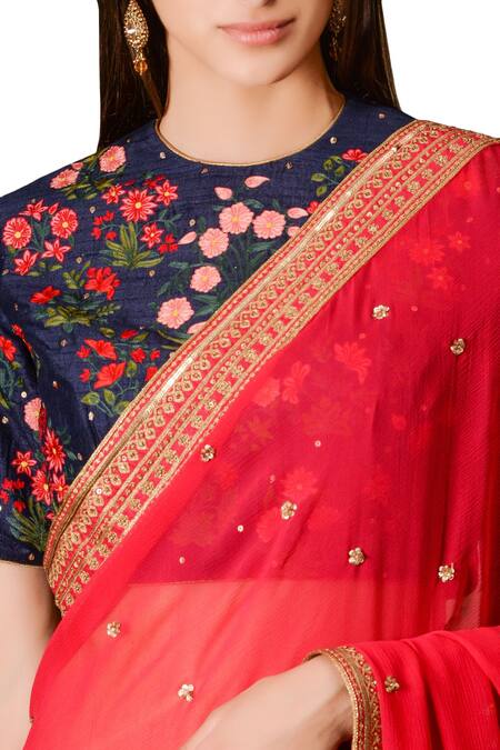 Sahil Kochhar_Pink Chanderi Embroidered Floral Crew Neck Saree With Blouse _Online_at_Aza_Fashions