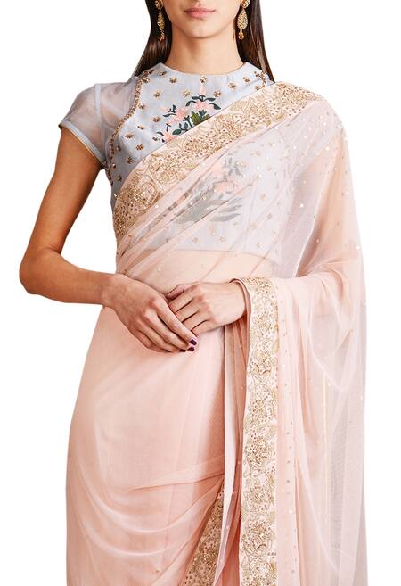 Sahil Kochhar_Peach Net Embellished Kirandori Saree _Online_at_Aza_Fashions