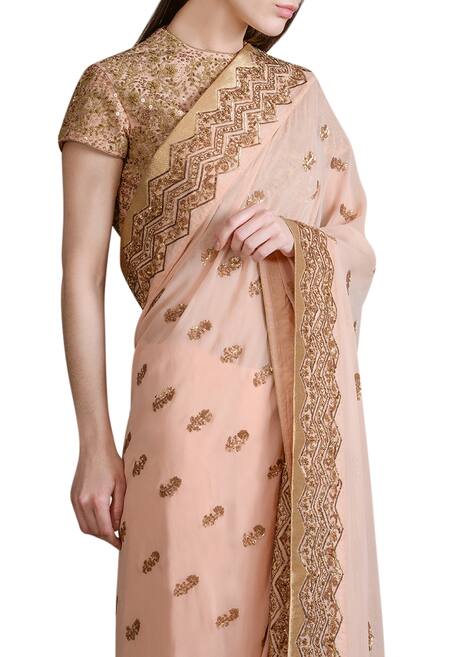 Sahil Kochhar_Peach Georgette Embroidered Crew Neck Saree With Blouse _Online_at_Aza_Fashions