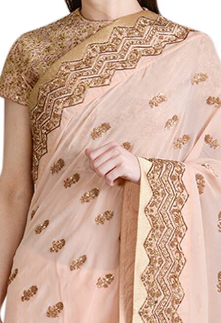 Buy Sahil Kochhar Peach Georgette Embroidered Crew Neck Saree With Blouse Online at Aza Fashions Buy_Sahil Kochhar_Peach Georgette Embroidered Crew Neck Saree With Blouse _Online_at_Aza_Fashions