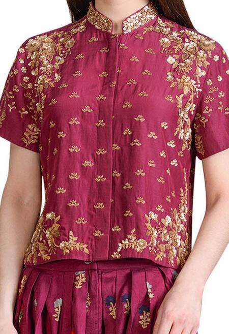 Sahil Kochhar_Wine Dupion Silk Mandarin Collar Embellished Dhoti Pant Set _Online_at_Aza_Fashions