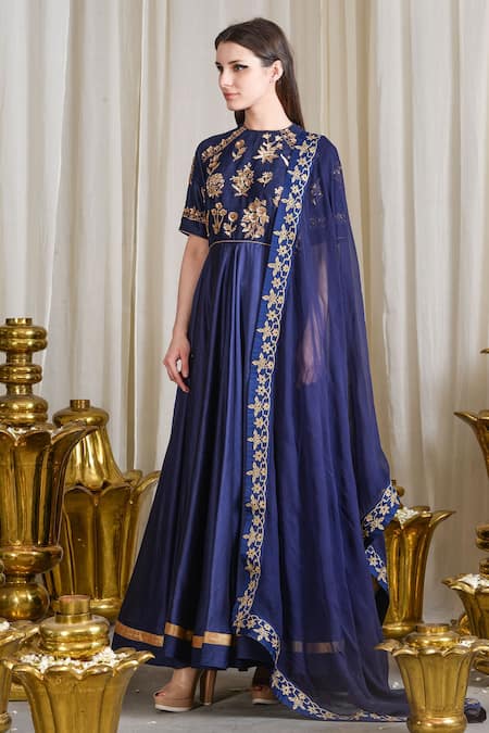 Sahil Kochhar Blue Chanderi Embroidered Floral Crew Neck Anarkali Set  