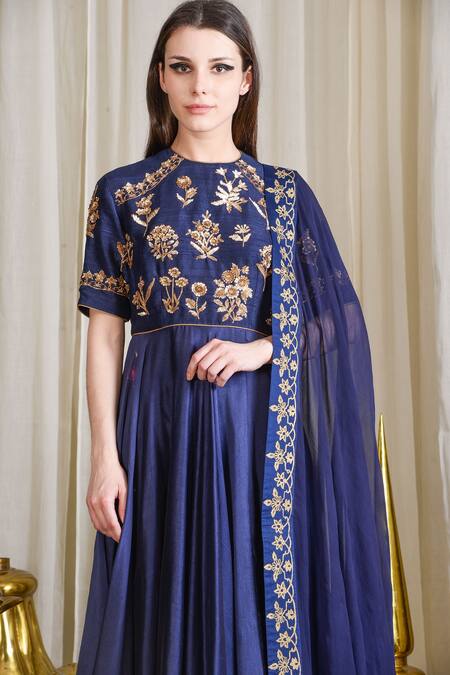 Sahil Kochhar_Blue Chanderi Embroidered Floral Crew Neck Anarkali Set _Online_at_Aza_Fashions