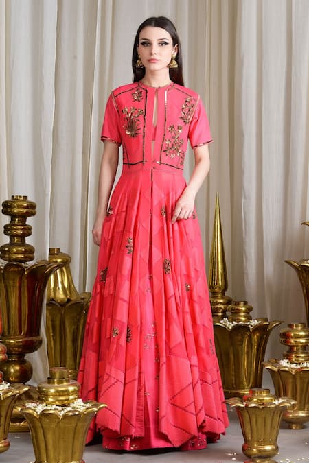 Sahil Kochhar Pink Dupion Silk Embroidered Mukaish Work Jacket Lehenga Set  