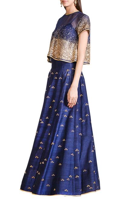 Sahil Kochhar_Blue Raw Silk Embellished Sequin Crew Neck Lehenga Set _Online_at_Aza_Fashions
