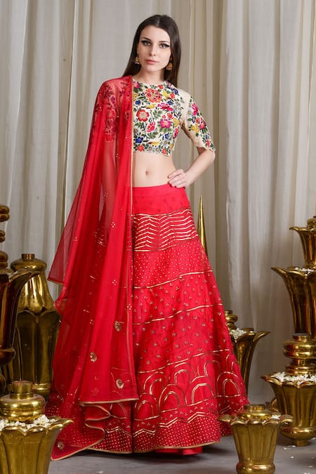 Sahil Kochhar Red Raw Silk Embroidered Thread Work Crew Neck Lehenga Set 