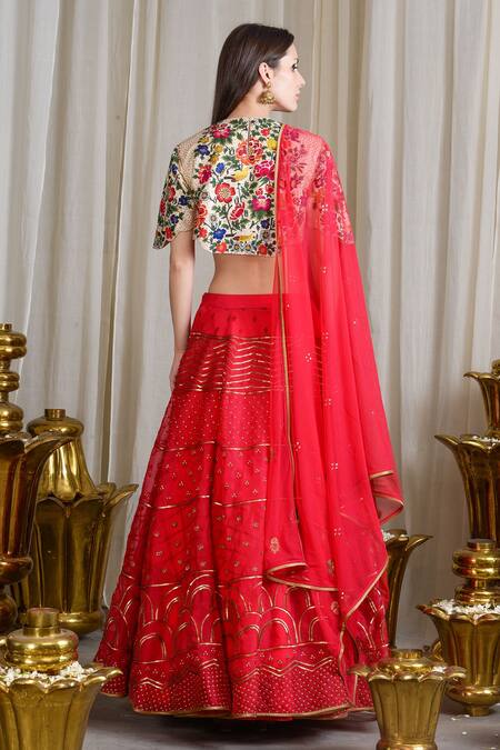 Shop_Sahil Kochhar_Red Raw Silk Embroidered Thread Work Crew Neck Lehenga Set _at_Aza_Fashions