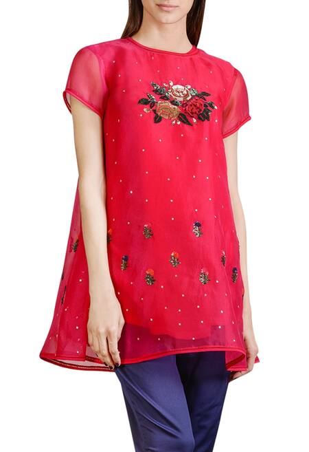 Sahil Kochhar_Pink Organza Embroidered Floral Crew Neck Tunic _Online_at_Aza_Fashions