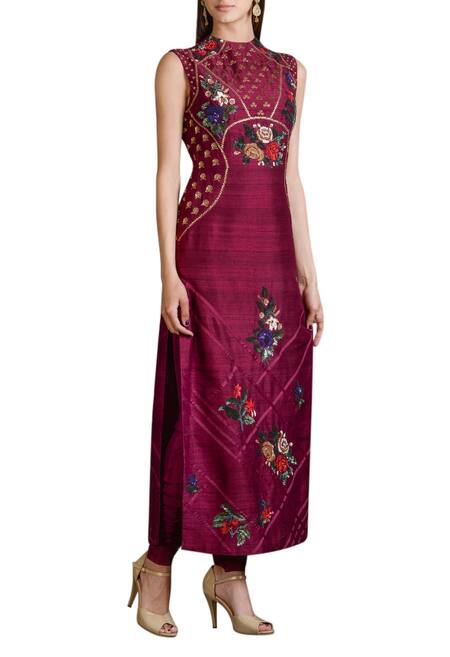 Sahil Kochhar_Wine Embroidered Kurta Set _Online_at_Aza_Fashions