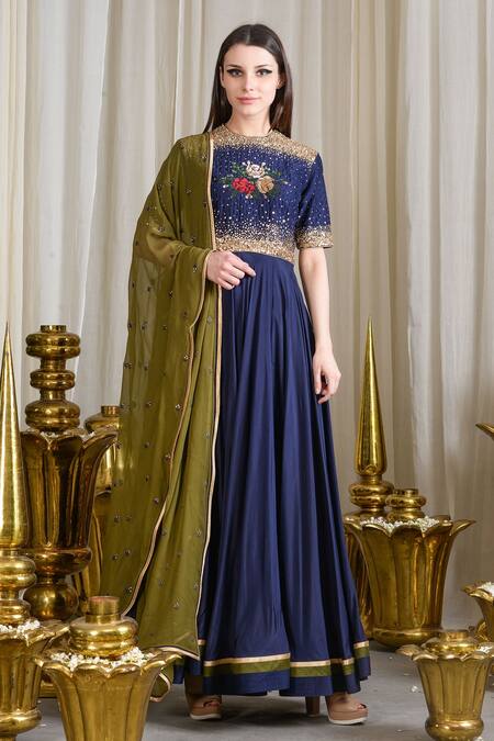 Sahil Kochhar Blue Taby Silk Embellished Floral Jewel Neck Anarkali Set  
