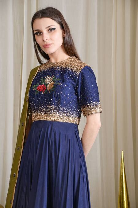 Sahil Kochhar_Blue Taby Silk Embellished Floral Jewel Neck Anarkali Set _Online_at_Aza_Fashions