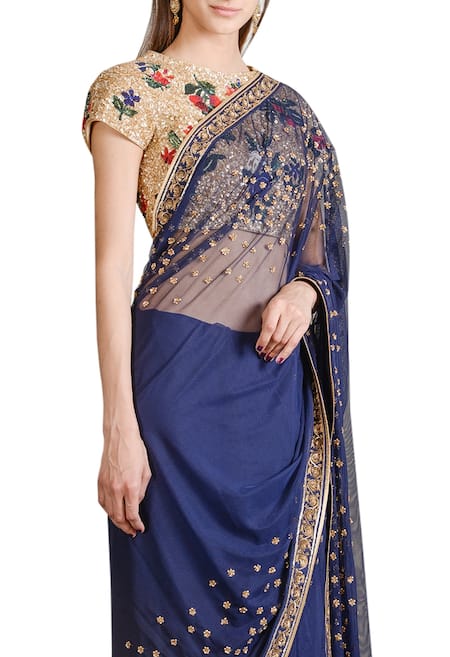 Sahil Kochhar_Blue Net Embellished Floral Boat Neck Saree With Blouse _Online_at_Aza_Fashions