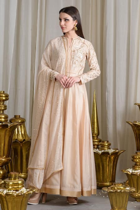 Sahil Kochhar Beige Chanderi Embellished Floral Notched Anarkali Set  