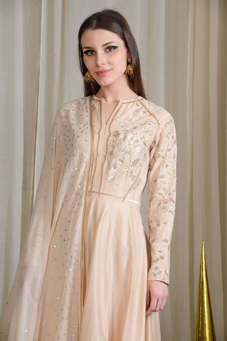 Sahil Kochhar_Beige Chanderi Embellished Floral Notched Anarkali Set _Online_at_Aza_Fashions