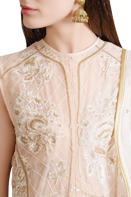 Sahil Kochhar_Beige Asymmetrical Embroidered Anarkali Set _Online_at_Aza_Fashions
