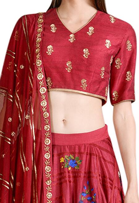 Buy_Sahil Kochhar_Maroon Raw Silk Embroidered Thread Work V Neck Lehenga Set _Online_at_Aza_Fashions