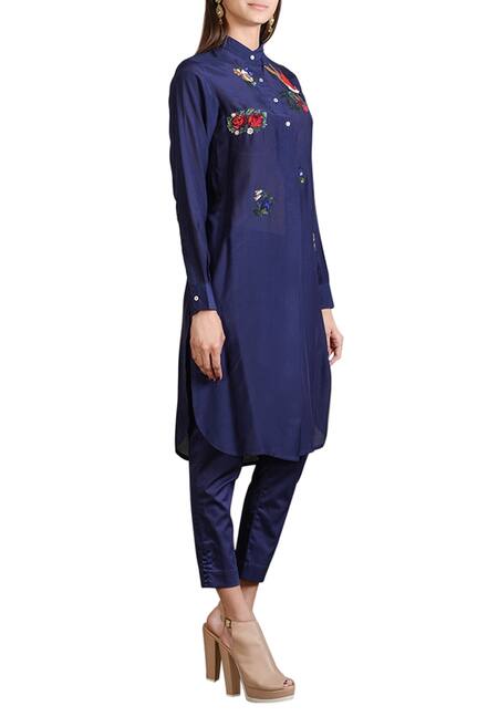 Sahil Kochhar_Blue Cotton Silk Embroidered Floral Band Collar Kurta_Online_at_Aza_Fashions