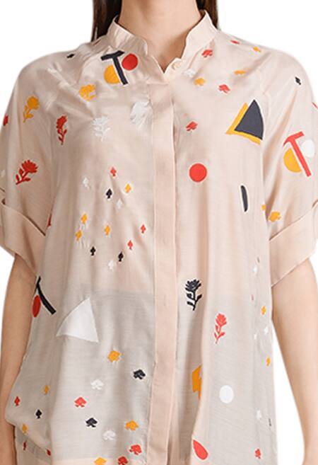 Buy_Sahil Kochhar_Beige Cotton Silk Applique Geometric Prints Band Collar Motif Tunic  _Online_at_Aza_Fashions
