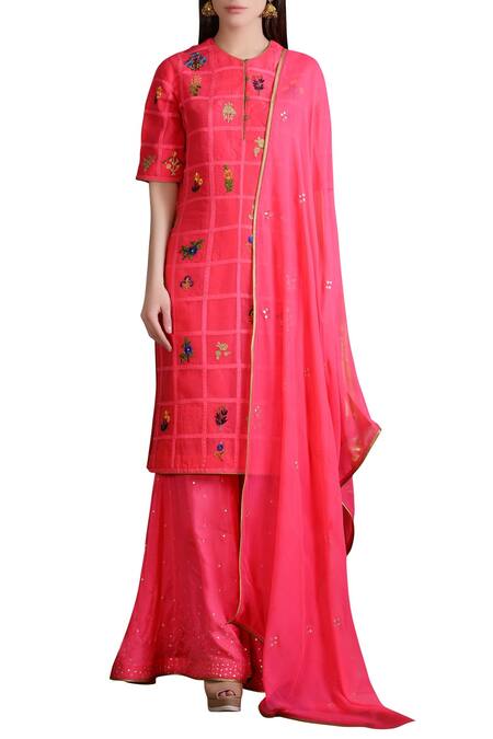 Sahil Kochhar Pink Bright Applique Detailed Kurta And Sharara Set For Women