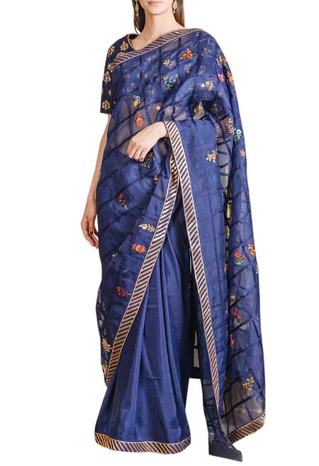 Sahil Kochhar Blue Organza Embroidered Floral Scoop Neck Saree With Blouse For Women