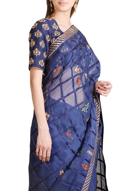 Sahil Kochhar_Blue Organza Embroidered Floral Scoop Neck Saree With Blouse _Online_at_Aza_Fashions