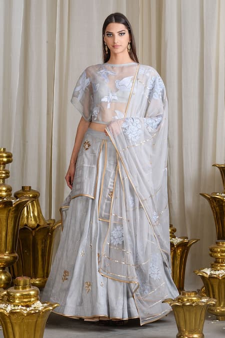 Sahil Kochhar Grey Raw Silk Embroidered Thread Work Lehenga Set  