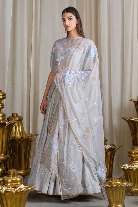 Sahil Kochhar_Grey Raw Silk Embroidered Thread Work Lehenga Set _Online_at_Aza_Fashions