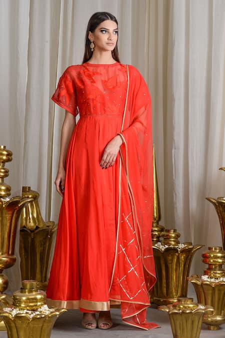 Sahil Kochhar Orange Organza Embroidered Thread Work Round Neck Anarkali Set  