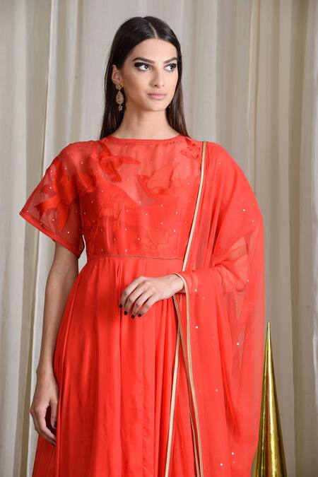 Sahil Kochhar_Orange Organza Embroidered Thread Work Round Neck Anarkali Set _Online_at_Aza_Fashions