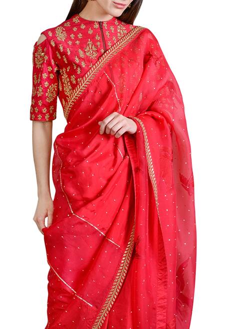 Sahil Kochhar_Red Raw Silk Embellished Sequin Crew Neck Saree With Blouse _Online_at_Aza_Fashions