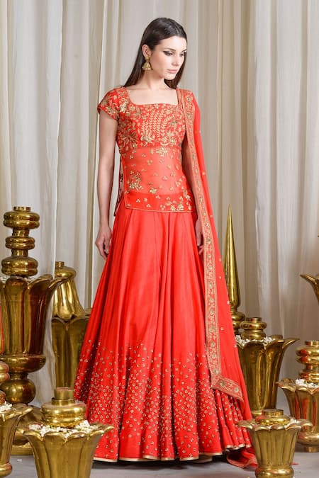 Sahil Kochhar Orange Dupion Silk Embellished Floral Bridal Lehenga Set  