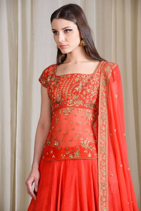 Sahil Kochhar_Orange Dupion Silk Embellished Floral Bridal Lehenga Set  _Online_at_Aza_Fashions