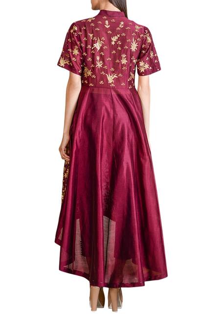 Shop_Sahil Kochhar_Purple Chanderi Hand Embroidered Zardozi Mandarin High Low Tunic _at_Aza_Fashions