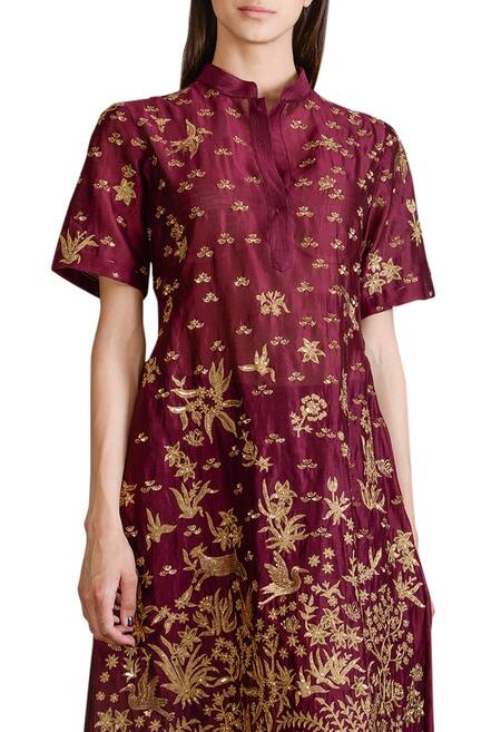 Sahil Kochhar_Purple Chanderi Hand Embroidered Zardozi Mandarin High Low Tunic _Online_at_Aza_Fashions