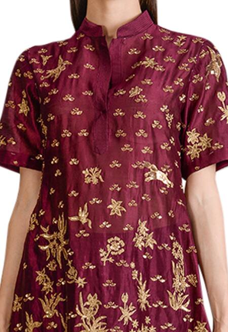 Buy_Sahil Kochhar_Purple Chanderi Hand Embroidered Zardozi Mandarin High Low Tunic _Online_at_Aza_Fashions