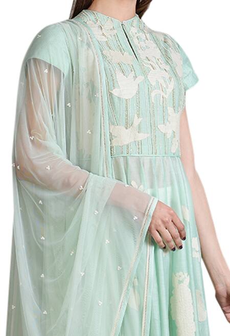Buy_Sahil Kochhar_Blue Mint Applique Work Anarkali Set  _Online_at_Aza_Fashions