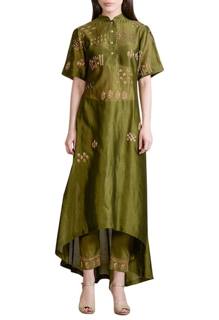 Sahil Kochhar Chanderi Asymmetrical Embroidered Kurta 