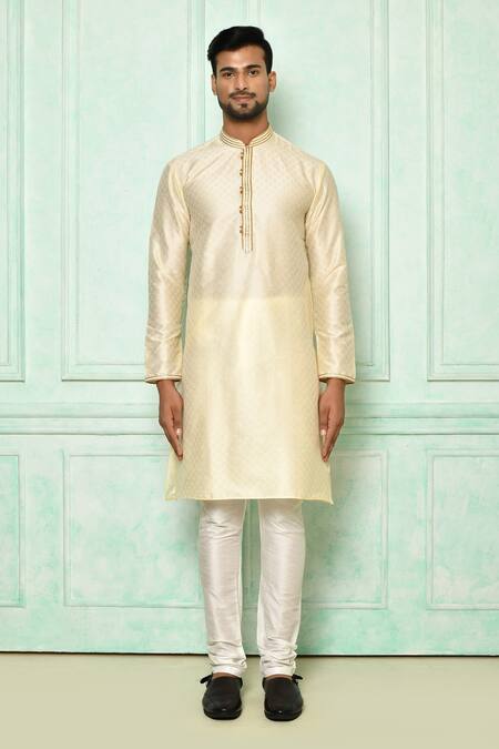 Shop Arihant Rai Sinha Gold Silk, Cotton Embroidery Floral Pattern Kurta Set Online at Aza Fashions Shop_Arihant Rai Sinha_Gold Silk, Cotton Embroidery Floral Pattern Kurta Set _Online_at_Aza_Fashions