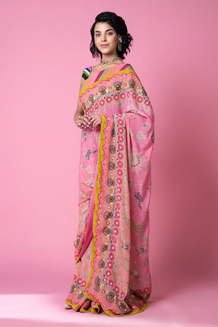 Shop Siddhartha Bansal Pink Crepe Embroidery, Sequins Scoop Neck Floral Print And Saree With Blouse Online at Aza Fashions Shop_Siddhartha Bansal_Pink Crepe Embroidery, Sequins Scoop Neck Floral Print And Saree With Blouse _Online_at_Aza_Fashions