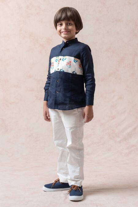 Thetaa Blue Linen, Polyester Embroidery Placement Floral Print Shirt Online at Aza Fashions Thetaa_Blue Linen, Polyester Embroidery Placement Floral Print Shirt _Online_at_Aza_Fashions