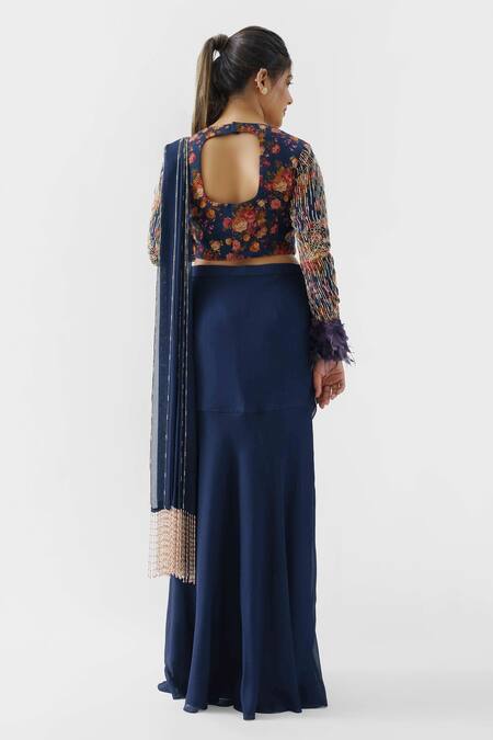 Shop Suruchi Parakh Blue Georgette Crepe, Lining Shantoon Pre-draped Lehenga Saree With Blouse at Aza Fashions Shop_Suruchi Parakh_Blue Georgette Crepe, Lining Shantoon Pre-draped Lehenga Saree With Blouse_at_Aza_Fashions