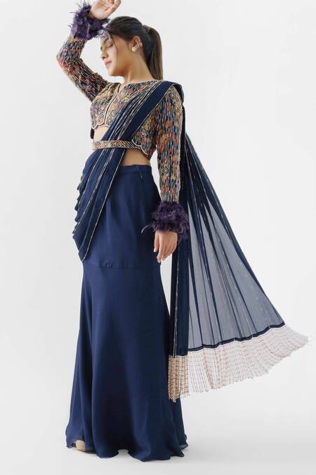 Suruchi Parakh Blue Georgette Crepe, Lining Shantoon Pre-draped Lehenga Saree With Blouse Online at Aza Fashions Suruchi Parakh_Blue Georgette Crepe, Lining Shantoon Pre-draped Lehenga Saree With Blouse_Online_at_Aza_Fashions