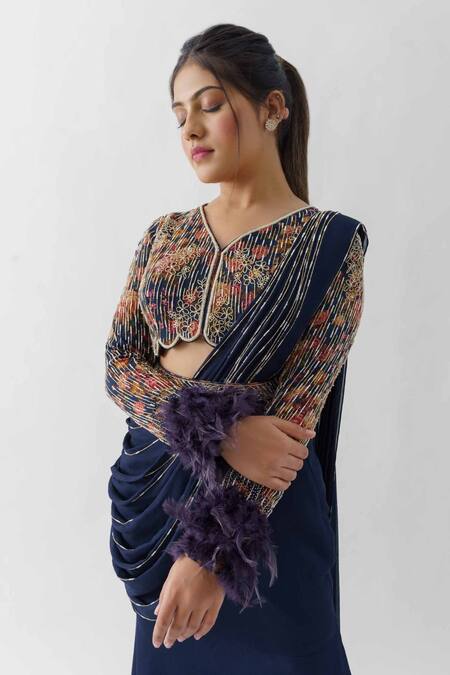 Buy Suruchi Parakh Blue Georgette Crepe, Lining Shantoon Pre-draped Lehenga Saree With Blouse Online at Aza Fashions Buy_Suruchi Parakh_Blue Georgette Crepe, Lining Shantoon Pre-draped Lehenga Saree With Blouse_Online_at_Aza_Fashions